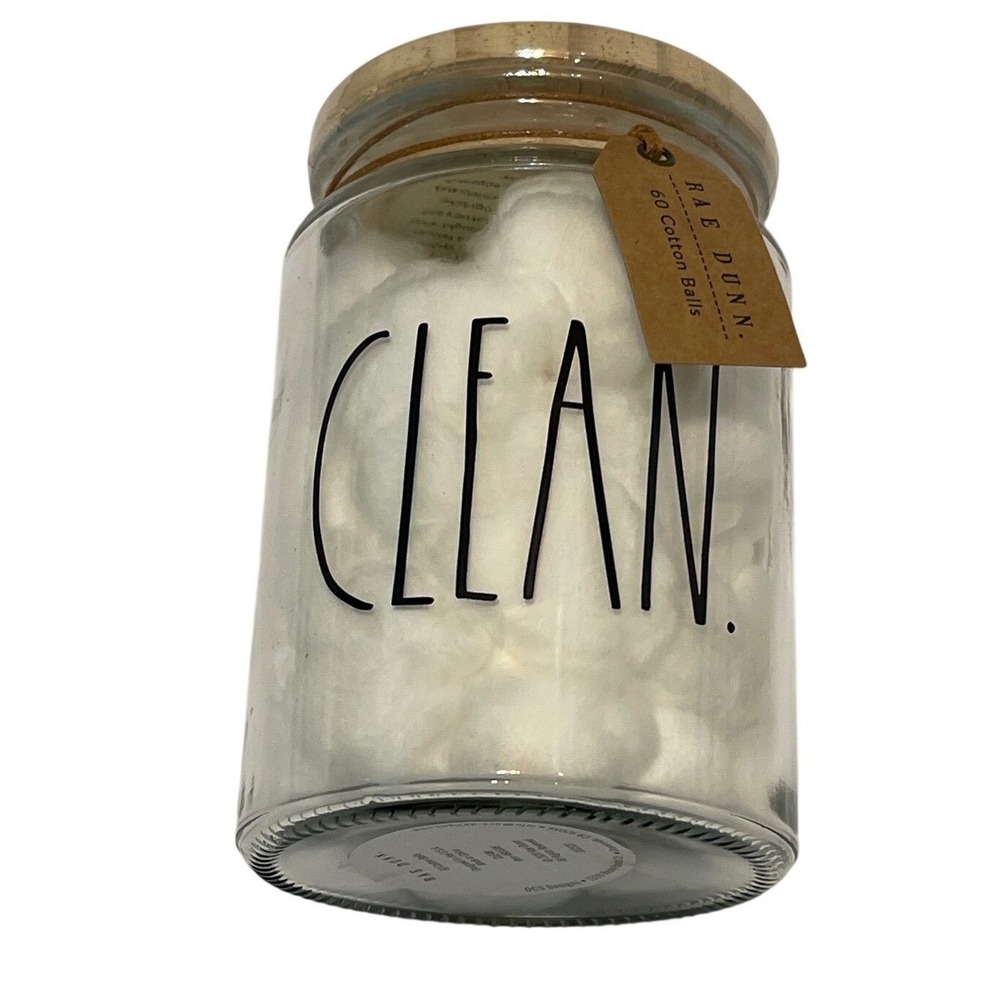Rae Dunn "CLEAN" Glass Jar w/ Wood Lid Bathroom Canister Cotton Ball Holder NEW